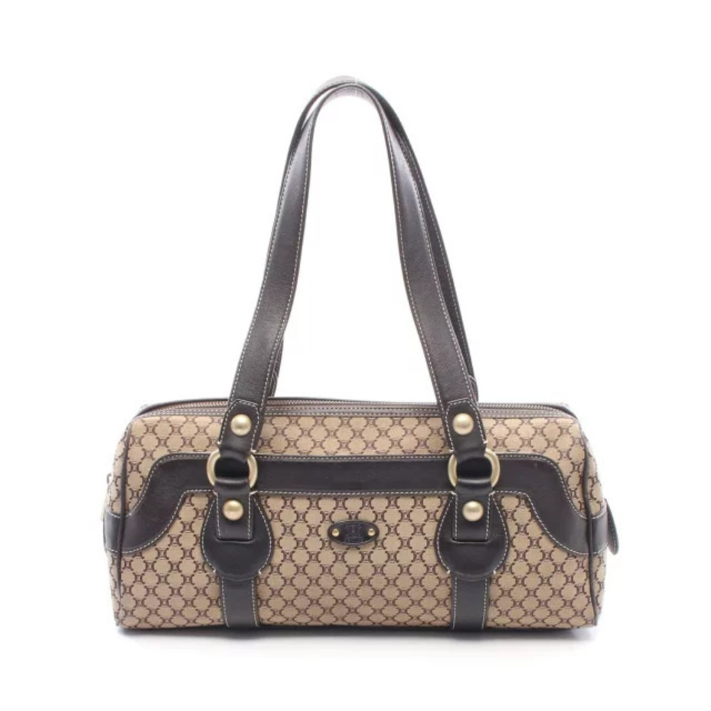 Celine Macadam Boston Bag Shoulder Canvas Leather Beige Cream Brown
